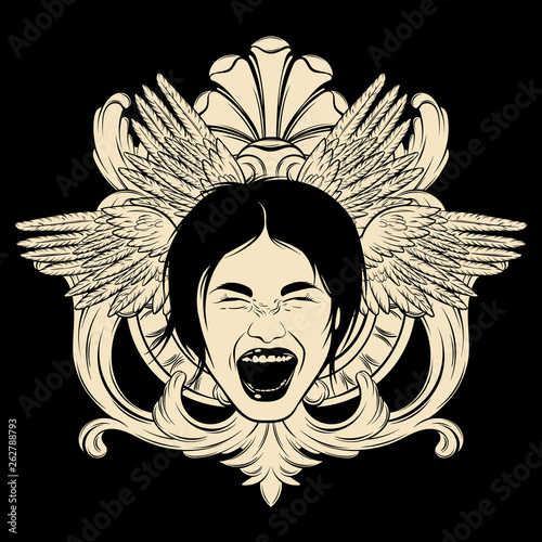 Vector hand drawn illustration of crazy screaming woman with wings and frame .