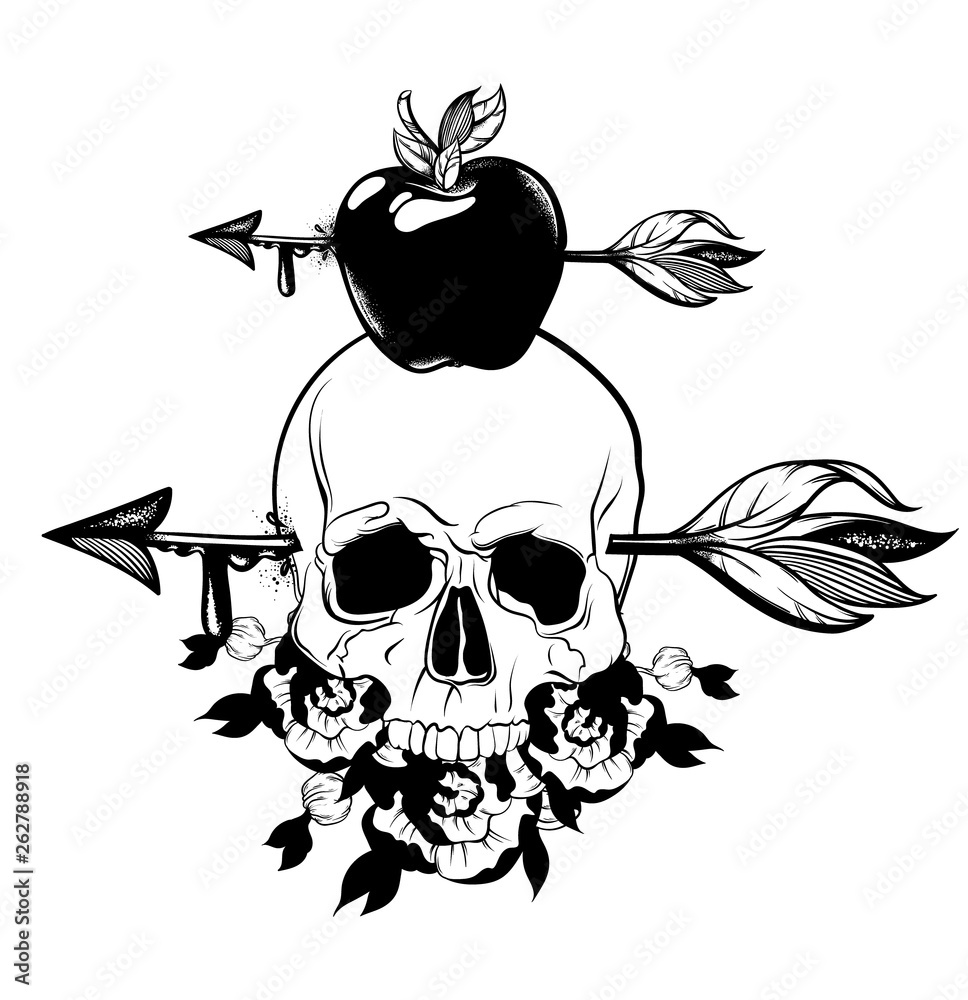Vector hand drawn illustration of human skull with arrow in his head isolated. Vector hand drawn illustration of human skull with arrow in his head isolated.