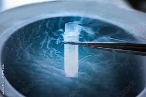Cryopreservation of test tube on liquid nitrogen, a liquid nitrogen bank containing sperm and eggs cryosamples