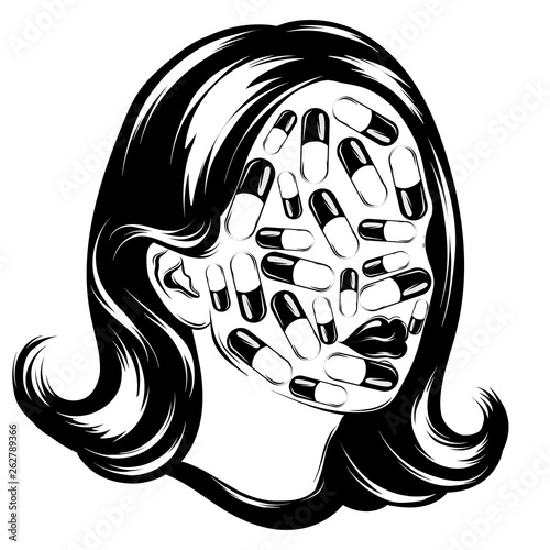 Vector hand drawn illustration of girl with pills on her face isolated.