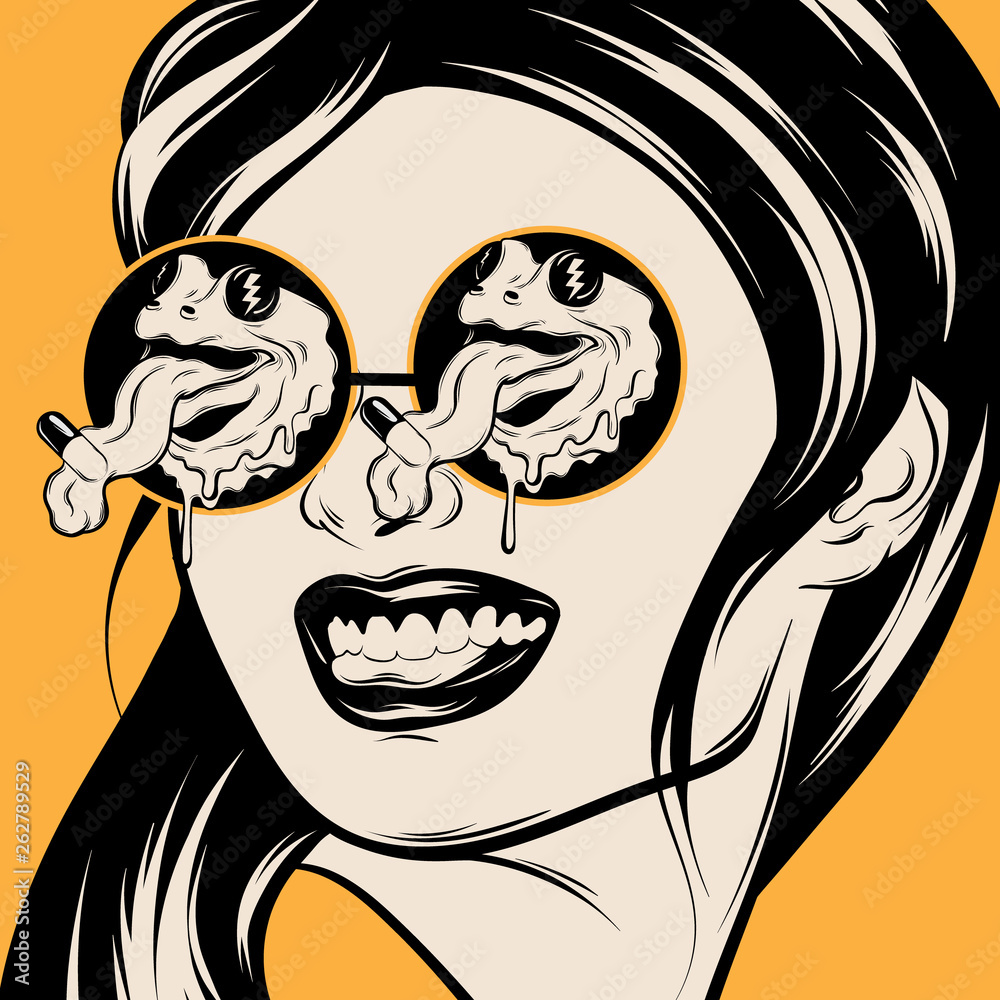 Fototapeta Wektorowa ręka rysująca ilustracja uśmiechnięta dziewczyna w okularach przeciwsłonecznych z żabami.