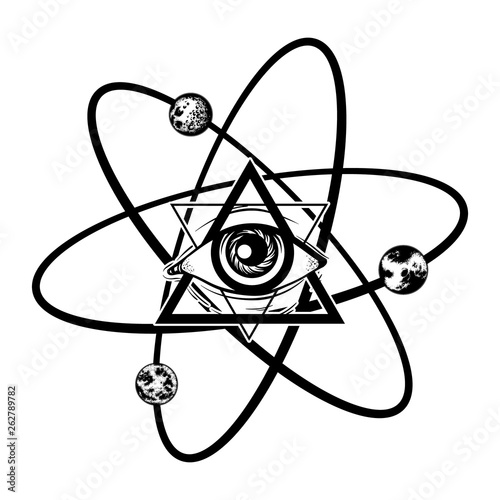 Vector hand drawn illustration of all seeing eye with planets .