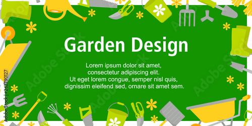 Garden Design poster with gardening tools on green background. Backgroud for different designs: card, poster, sales, news. Vector Illustration