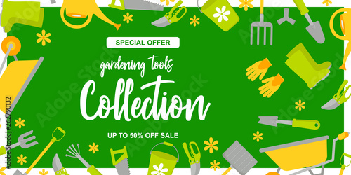 Garden Design poster with gardening tools on green background. Background for different designs: card, poster, sales, news. Vector Illustration. Special offer. up to 50 off sale
