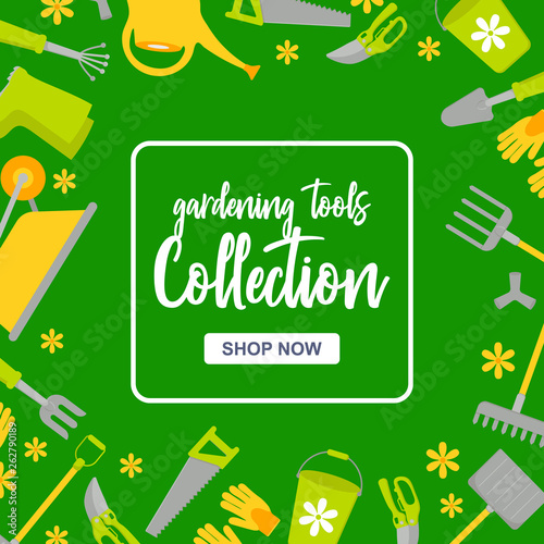 Special sale poster with garden tools on green background. Gardening intstuments collection with button shop now. Vector Illustration