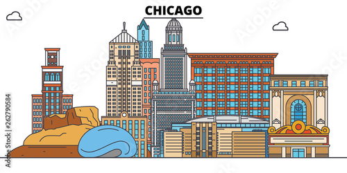 Chicago,United States, flat landmarks vector illustration. Chicago line city with famous travel sights, design skyline. 