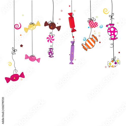 Hanging colorful sweet candies illustration. Traditional candies for Seker Bayram holiday background. Greeting card background