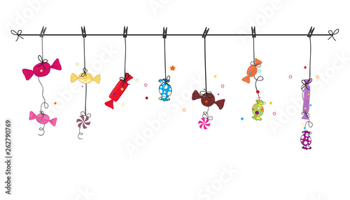 Hanging colorful hand drawn sweet candy. Traditional candies for Seker Bayram holiday. Greeting Card background.zip