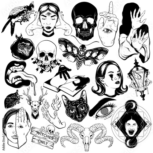 Vector set of hand drawn illustrations of skulls, girls, monsters, moth .