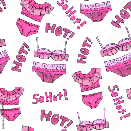 Pink lingerie seamless pattern. Marker Art underwear wallpaper design. Pattern hand drawn illustration. Bras and panties doodle. Fashion packing background