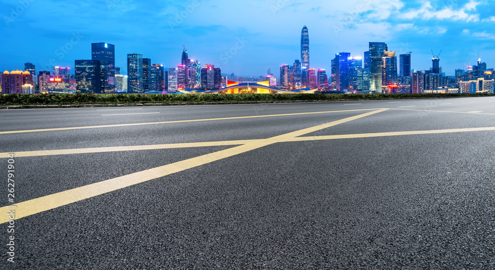 Road and skyline of urban architecture..