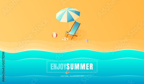 Summer. Vacation and travel concept. Umbrella, beach chair and a ball on the beach. Flat style vector illustration