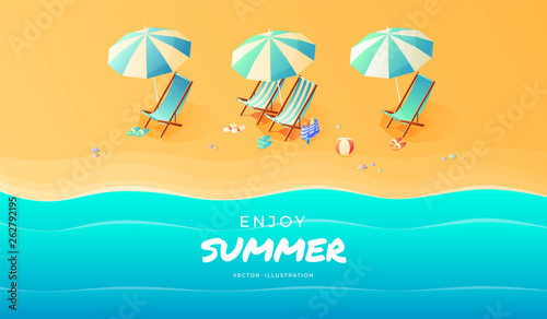 Summer. Vacation and travel concept. Umbrella, beach chair and a ball on the beach. Flat style vector illustration