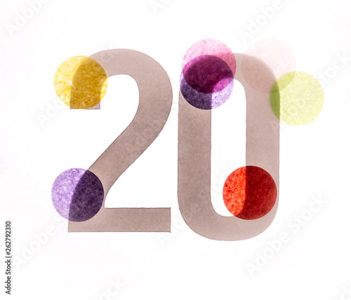 20 number twenty, graphic black digit and creative typography with colourful wheels, happy birthday