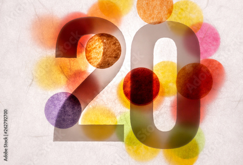 20 number twenty, graphic black digit and creative typography with many colourful wheels, happy birthday