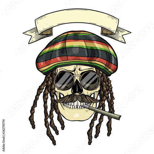Sketch color skull rastaman