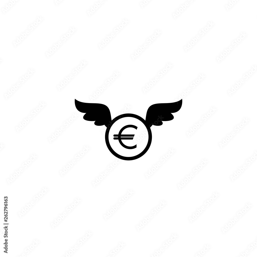 euro coin with wings. Black flat icon isolated on white background. Flying money. euro coin with wings. Black flat icon isolated on white background. Flying money.