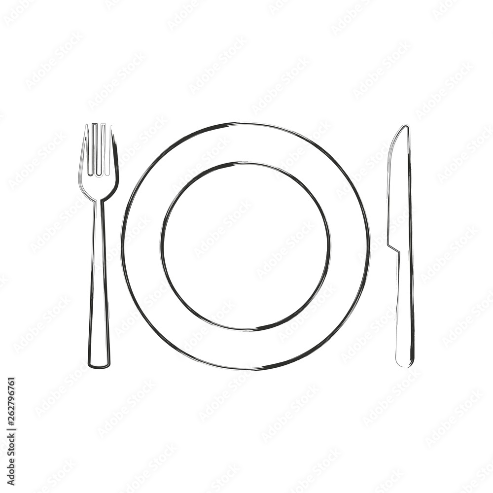 Fototapeta Pusty talerz, widelec i nóż w stylu wyciągnąć rękę. Projektowanie szablonu logo restauracji lub kawiarni. Oczekiwanie na ikonę posiłku.