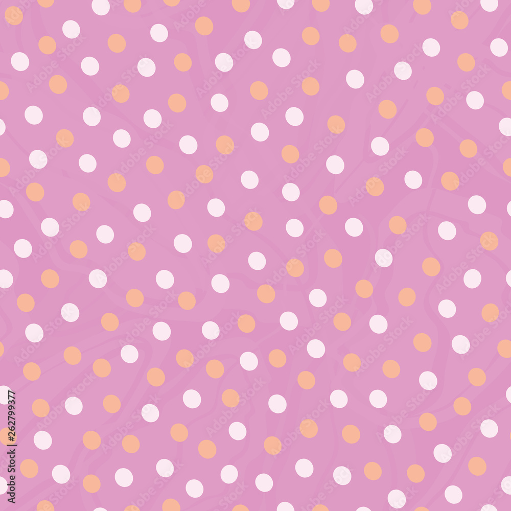 Golden and pastel pink hand drawn dots in random design. Seamless vector pattern on lightly marbled pink background. ound. Great for wellness, beauty, wedding products, giftwrap, stationery, packaging