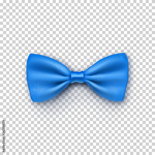 Stylish blue bow tie from satin with shadow. Hipster accessory isolated on transparent background. Realistic formal wear for official event. Elegant clothes object from silk vector illustration.