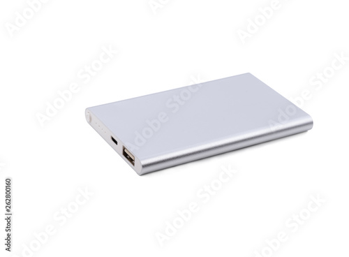 Power bank for charging mobile devices. White smart phone charger with power bank.