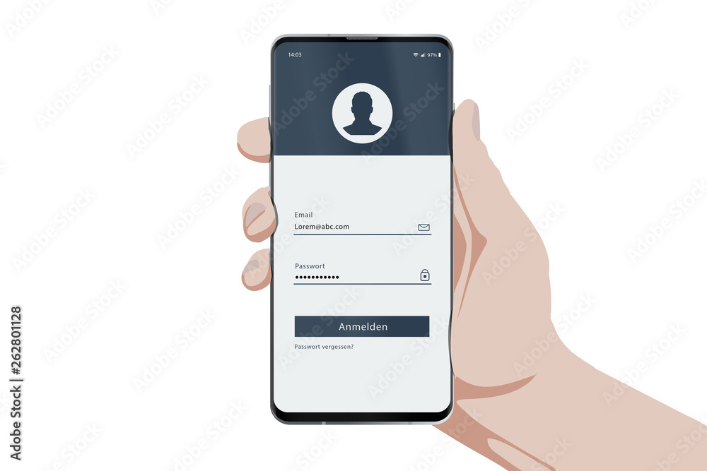 Hand mit Smartphone - Bildschirm Anmeldung UI Konzept grau Hand mit Smartphone - Bildschirm Anmeldung UI Konzept grau