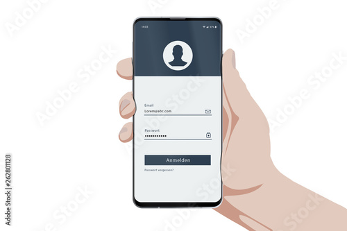 Hand mit Smartphone - Bildschirm Anmeldung UI Konzept grau