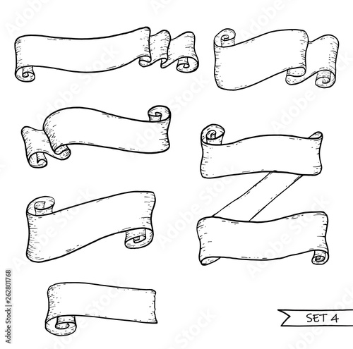 Paper scrolls and ribbon banners. Hand drawn sketch. Vector illustration isolated on white background