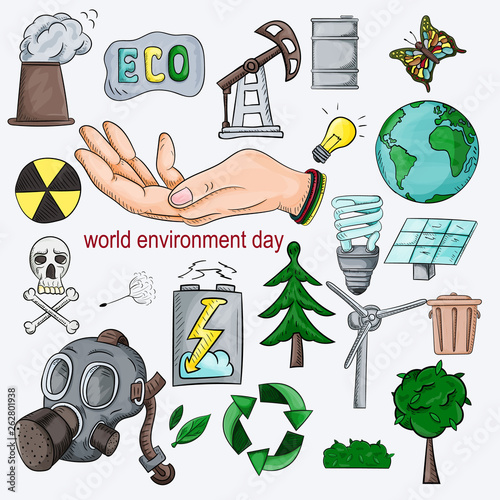 set of color illustrations for the design of various objects of human life, the theme for world environment day photo