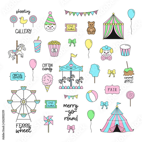 Fair, carnival, circus vector illustrations collection. Amusement park graphic outlined hand drawn icons of carousel, wheel, circus tent, funfair food. Isolated.