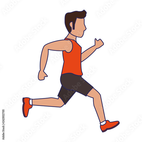fitness man running sideview blue lines
