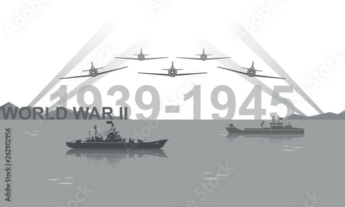 World War II 1939-1945 black and white vector illustration. Battlefield scene monochrome icon.