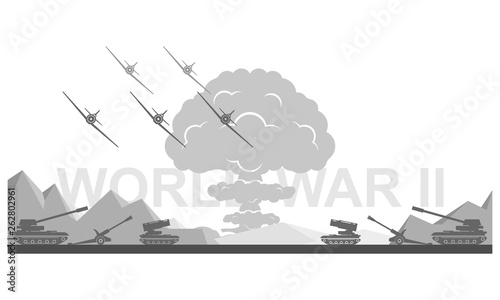 World War II 1939-1945 black and white vector illustration. Battlefield scene monochrome icon.