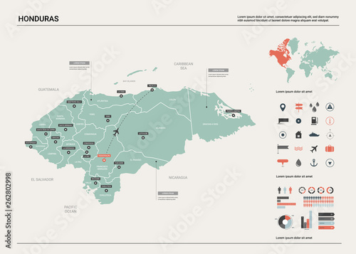 Vector map of Honduras. High detailed country map with division, cities and capital Tegucigalpa. Political map, world map, infographic elements.