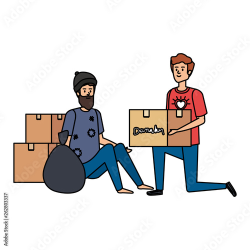 man volunteer giving a homeless man donations box