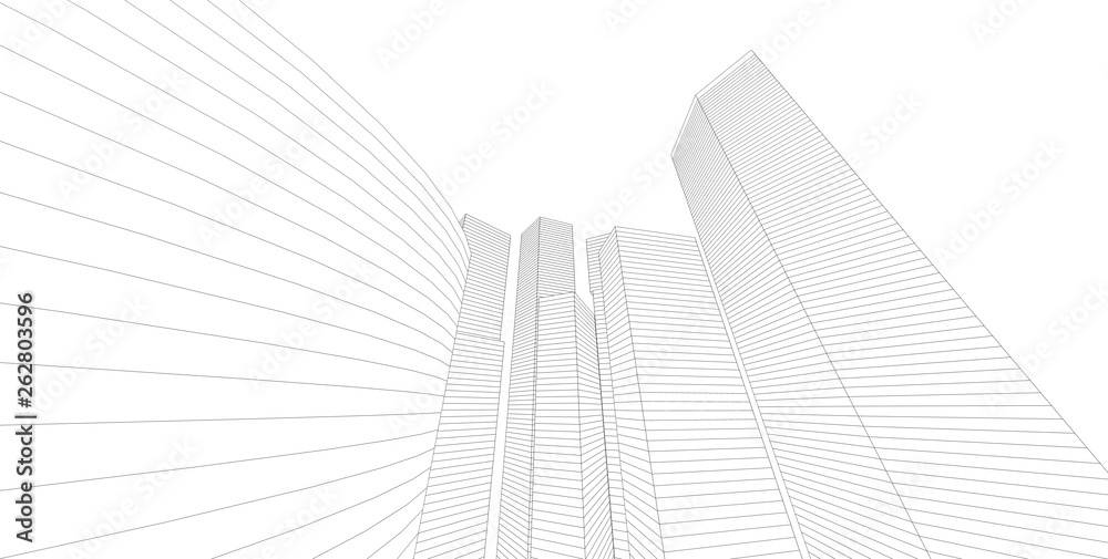 3D illustration architecture building perspective lines.