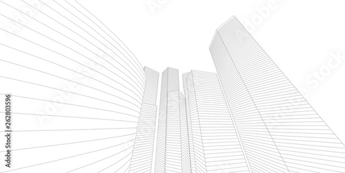 3D illustration architecture building perspective lines.