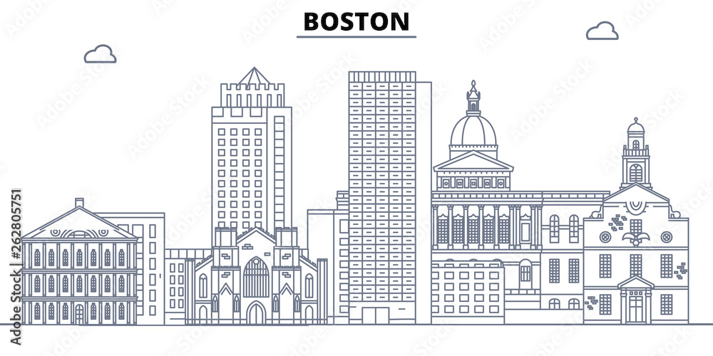Boston,United States, flat landmarks vector illustration. Boston line city with famous travel sights, design skyline.