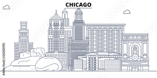 Chicago,United States, flat landmarks vector illustration. Chicago line city with famous travel sights, design skyline. 