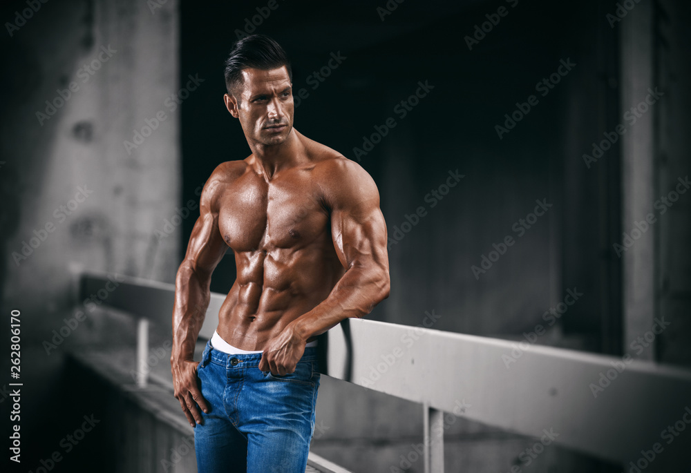 Handsome Shirtless Muscular Men in Jeans Posing Outdoors Handsome Shirtless Muscular Men in Jeans Posing Outdoors