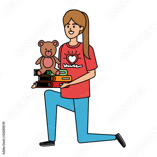 woman volunteer with books and bear teddy