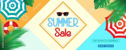 Summer sale banner template with beach umbrellas and tropical leaves background, for shopping sale. banner design. Poster, card, web banner. Vector illustration