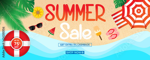 Summer sale banner template with beach umbrellas and tropical leaves background, for shopping sale. banner design. Poster, card, web banner. Vector illustration