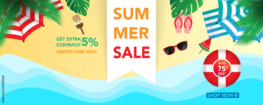 Summer sale banner template with beach umbrellas and tropical leaves background, for shopping sale. banner design. Poster, card, web banner. Vector illustration