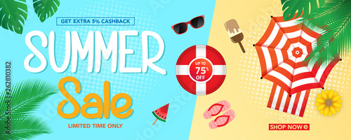 Summer sale banner template with beach umbrellas and tropical leaves background, for shopping sale. banner design. Poster, card, web banner. Vector illustration