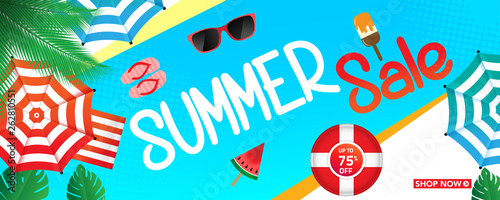 Summer sale banner template with beach umbrellas and tropical leaves background, for shopping sale. banner design. Poster, card, web banner. Vector illustration