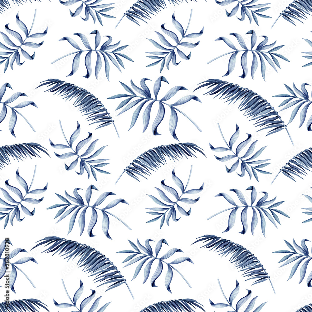 Seamless Pattern of Watercolor Light Blue Leaves