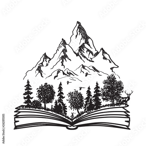 Open book with forest and mountains. Black and white hand drawn sketch. Vector illustration