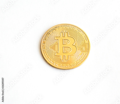 One bitcoin coin isolated on white background - image