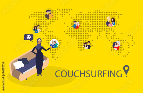 Design concept of couchsurfing with dotted world map, arabian woman and different characters people and background for website and mobile website. Vector illustration.